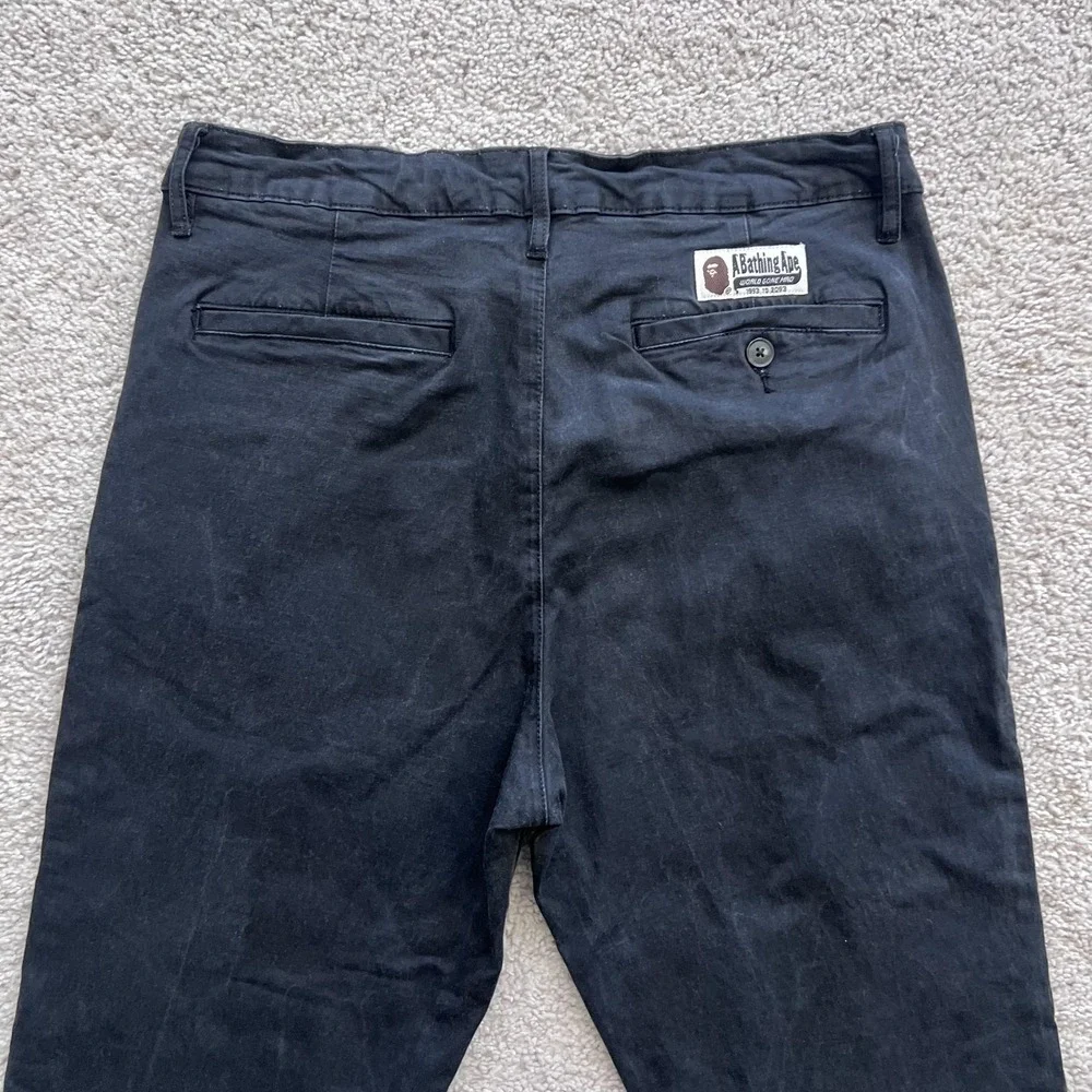 A Bathing Ape Chino Pants Mens M 30x25 Black Pleated Tapered Fit Stretch Logo